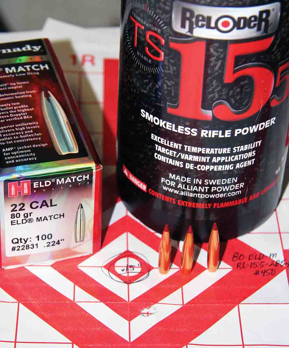 The tightest group of the entire test – .15 inch at 3,123 fps – resulted from 28.5 grains of Alliant Reloder TS 15.5 beneath a Hornady ELD Match 80-grain bullet.